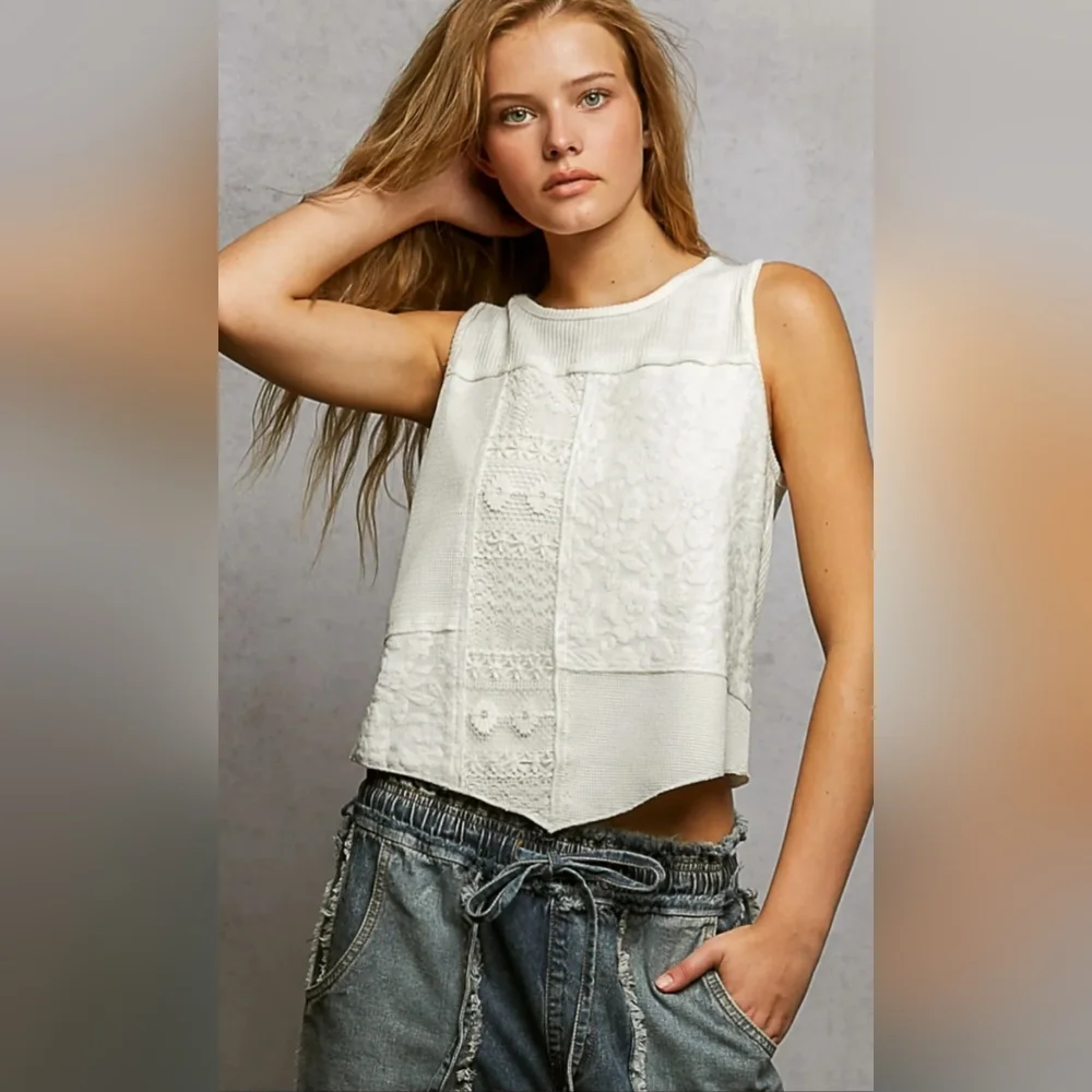 #1132 POL Ghost Flower Patchwork Top - Picture 1 of 14
